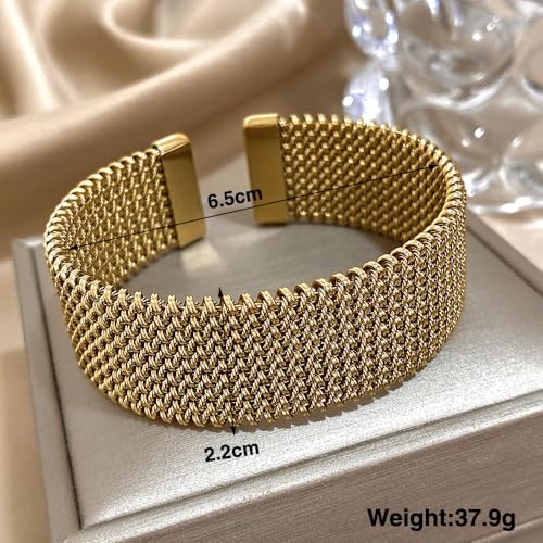 hotoo Gold Open Cuff Bangles Wide Woven Bracelets For Women Stainless Steel Stackable Jewelry For Xmas Birthday Gifts4
