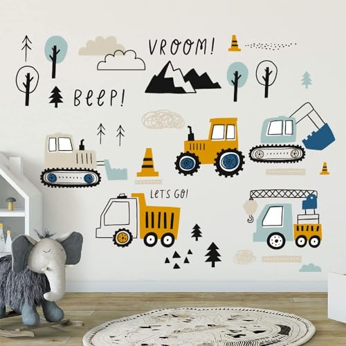 Mulaibdin 74 Pegatinas Pared Decorativas Infantiles Camiones, Decoracion Habitacion Bebe Niño, Papel Pintado Autoadhesivo Pared, Vinilos Pared Infantiles Excavadoras, Pegatinas Torre para Niños