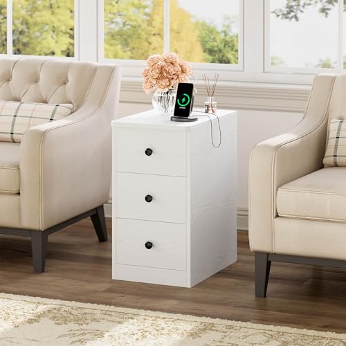 Image of LIKIMIO Nightstand with Charging Station, Narrow Bedside Table with 3 Drawers, End Table with USB Ports and Outlets, Side Table for Living Room /Bedroom Modern