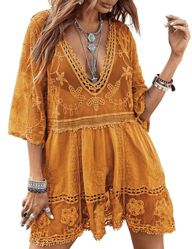 Image of Eomenie Women's Contrast Lace Bathing Suit Cover Up V-Neck Swimsuit Coverups Loose Swimwear Beach Dress Beachwear