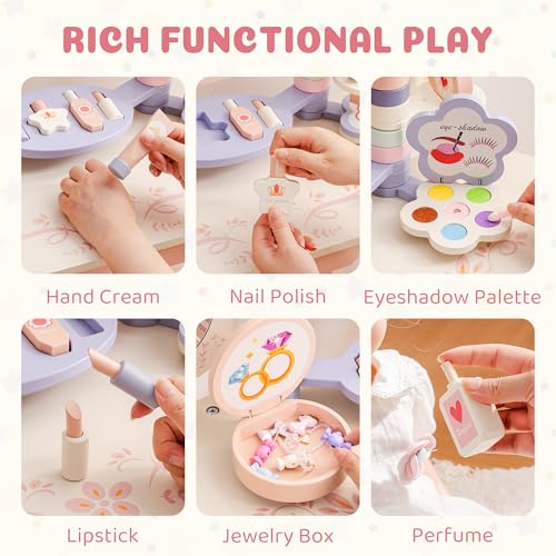 Image of ROBOTIME Kids Vanity Set with Mirror and Stool - Wooden Pink Makeup Table with 11 PCS Accessories - Play Beauty Dresser with Mirrors, Drawer- Kids Vanity Table and Chair Set for Girls Ages 3+