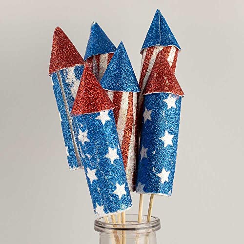 Group of 6 Americana Glittered Rocket Stems by Factory Direct Craft for 4th of July Decorating and Patriotic Displays
