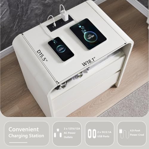 Image of Aitjunz 25 inch Tall Modern Nightstand with Charging Station, 23.6'' Wide Wood Bedside Table w /2 Storage Drawers, Large Mid Century End Table for Bedroom, Living Room, Curved Profile Design, White