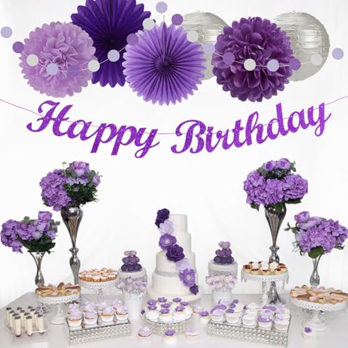 Image of Purple Silver Birthday Party-Decorations Paper-Flowers - 14pcs Happy Banner Lavender Lanterns Tissue Pom Poms,Lilac Streamers Garland Fans,Women Girls Adult Kids Office Hanging Supplies Decor Hugfond