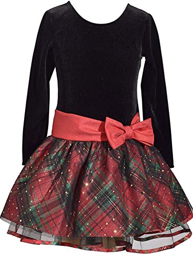 Bonnie Jean Long Sleeve Christmas Dress with Black Velvet and Red Tartan Plaid 5Y
