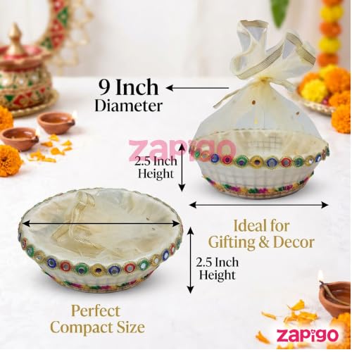 Image of Habba Net Frill Gift Basket with Mirror Work & Gold Ribbon, 9 Inch Decorative Hamper Basket for Gifts, Sweets & Dry Fruits, Wedding, Baby Shower, Griha Pravesh & Festive Return Gift Box, Pack of 10
