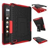 Fire 7 2015 Case, Amazon Fire 7 Case, NOKEA Hybrid Heavy Duty Armor Protection Cover [Anti Slip] [Built-In Kickstand] Skin Case For Amazon Fire 7 5th Generation 2015 Release Tablet (Red)