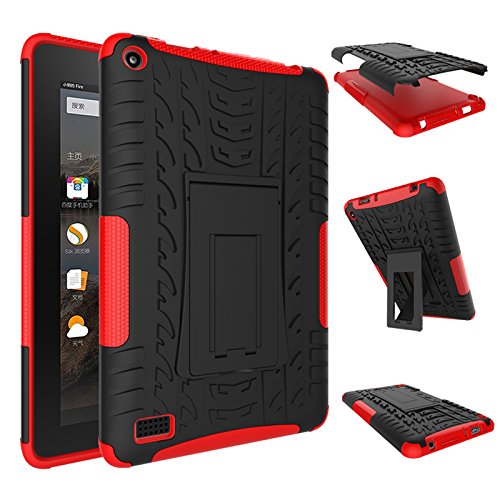 NOKEA Heavy Duty High Impact Resistant Armor Protection Cover Anti Slip Kickstand Feature Skin Case Work with Fire 7 Tablet with Alexa (7th Generation, 2017 Release)(Red)
