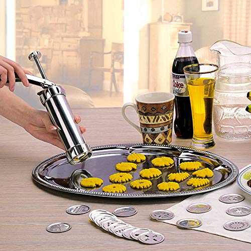 MEIJUBOL Cookie Press Stainless Steel Baking Kit Biscuit Gun with 20 Cookie discs and 4 Icing Tips