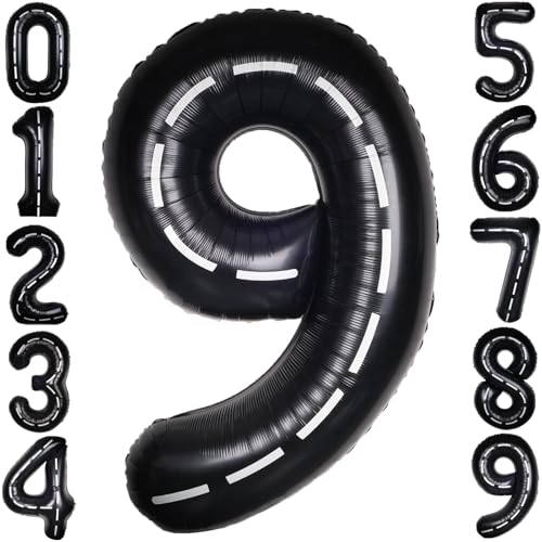 Image of Race Car 40 Inch Black 9 Big Large Helium Balloon Number 0-9 | Track Giant Digital 9th Foil Mylar Party Balloons for Men Birthday Car Theme Party Anniversary Graduation Decorations