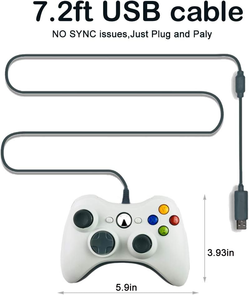 Reiso Xbox 360 Controller, 7.2 ft USB Wired Controller Gamepad Compatible with Microsoft Xbox 360 & Slim 360 PC Windows 7 (White)