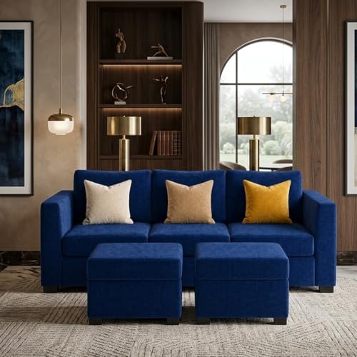 Image of FURNY Revona 5 Seater L Shape Sofa Set with 2 Movable Ottoman | Flexible Left or Right Layout | Plush Velvet Fabric (Dark Blue) | Perfect for Living Room, Guest Room & Office