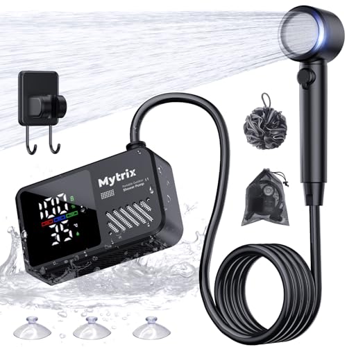 Mytrix Portable Shower for Camping Powerful 10L/Min Water Flow Rechargeable Shower Pump with Bath Sponge 4 Spray Modes IPX8 Waterproof 7800mAh Battery Ideal for Hiking Car Wash Pet Black
