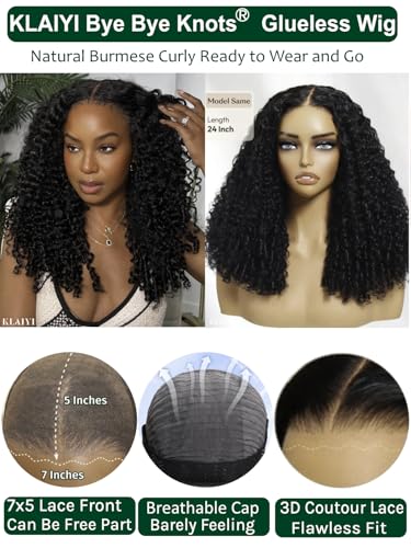Image of KLAIYI Burmese Curly Bye Bye Knots Glueless Wig Human Hair 7x5 Precut Lace Front Wig with Finger Coil Ends Pre Plucked Bleached Spiral Curls 30S Ready to Wear and Go Beginner Wig with Baby Hair 24Inch