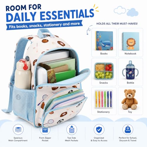 Image of LOIDOU Kids Preschool Backpack for Boys, 15 Inch Multi-Sport School Bag with Soccer and Football Print, Lightweight Water-Resistant Kindergarten Backpack with Chest Strap for Ages 3-6