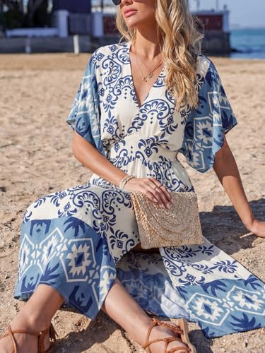Image of CUPSHE Women's Summer Boho Maxi Dress Paisley Floral V Neck Smocked Dress Beach Vacation Slit Hem Flowy Dress with Pockets