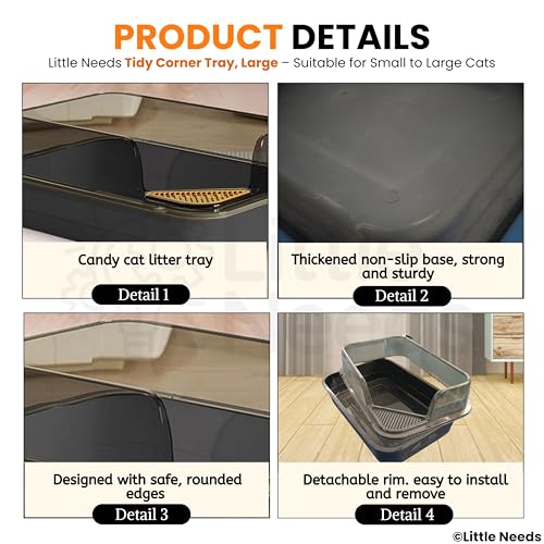 Image of Litter Tray with Scooper for Small to Large Cats (Tidy Corner, Black) (61 x 41 x 25 cm) | 24 inch Durable, Semi-Enclosed Sleek Design Tray with Corner Foot Grid for Daily Toilet Training