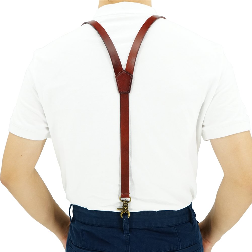 Hosenträger für Herren und Damen, braun, Leder, Y-Form, Karabiner Haken, 1,8cm breit, british, englisch, klassisch Stil