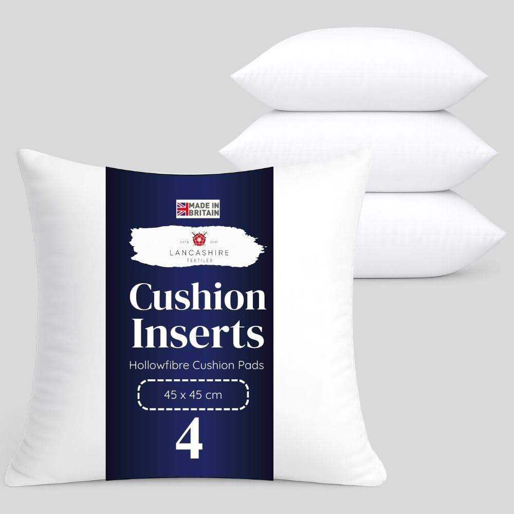 Lancashire Textiles 4 Pack 18" x 18” (45 x 45cm) Quality Microfibre Super Bounce Fibre Cushion Pads Made in Britain with Cotton Blend Casing & Our Luxury Hollowfibre Filling