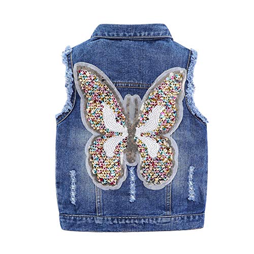 Littlespring Toddler Girls Denim Vest Spring Casual Ripped Butterfly Sequins Jean Vest Navy Blue 5T #TOP1
