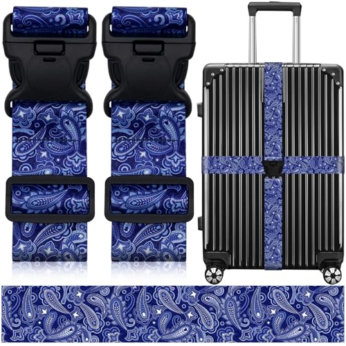 Image of 2 Pack Luggage Straps for Suitcases, Adjustable Travel Belt with Double Lock and Quick Release Buckle, Heavy Duty Nylon Bag Packing Strap, Bright Identifiers Business Travel Accessories-Blue Flowers