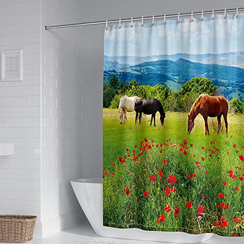 Beydodo Cortina de baño impermeable 120 x 180, cortina de ducha antimoho poliéster lavable Montañas hierba y caballos patrón