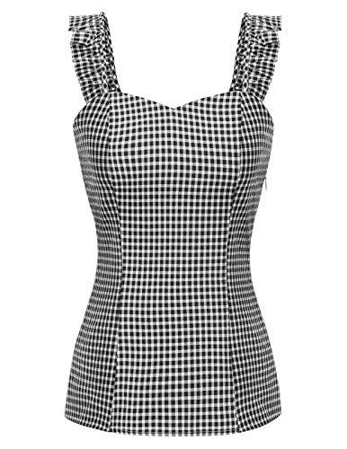 Chaleco sin Espalda con Cuello Cuadrado sin Mangas y Estilo Retro para Mujer Hombros con Volantes Tops Negro # 2093 S