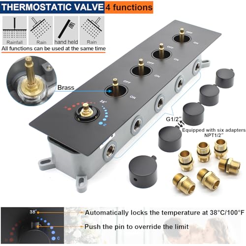 Sistema de ducha termostático negro con tres cabezales, incluyendo cabezal de lluvia de 16" montado en techo y 2 cabezales de pared de 6" con 4 funciones, sistema de ducha de cuerpo completo que puede funcionar simultáneamente miniatura 4