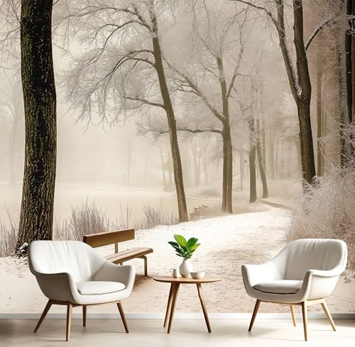 JEDTAKCT Papier Peint Panoramique Forêt D'Hiver, Papier Peint Mural Photo Motif Paysage Lacustre Beige, Tapisserie Panoramique Salon, Décoration Murale Chambre, 150X105Cm