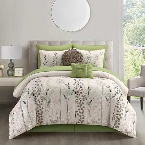 Grand Avenue Green/White Bed Sets Queen with Comforter, 10 Piece, Microfiber Print All Season Premium Bedding Set,1 Flat Sheet,1 Fitted Sheet