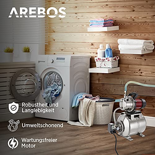 Arebos Hauswasserwerk | 1200 Watt | Fördermenge 3800 l/h | Förderhöhe 48 Meter | 19 l Tank