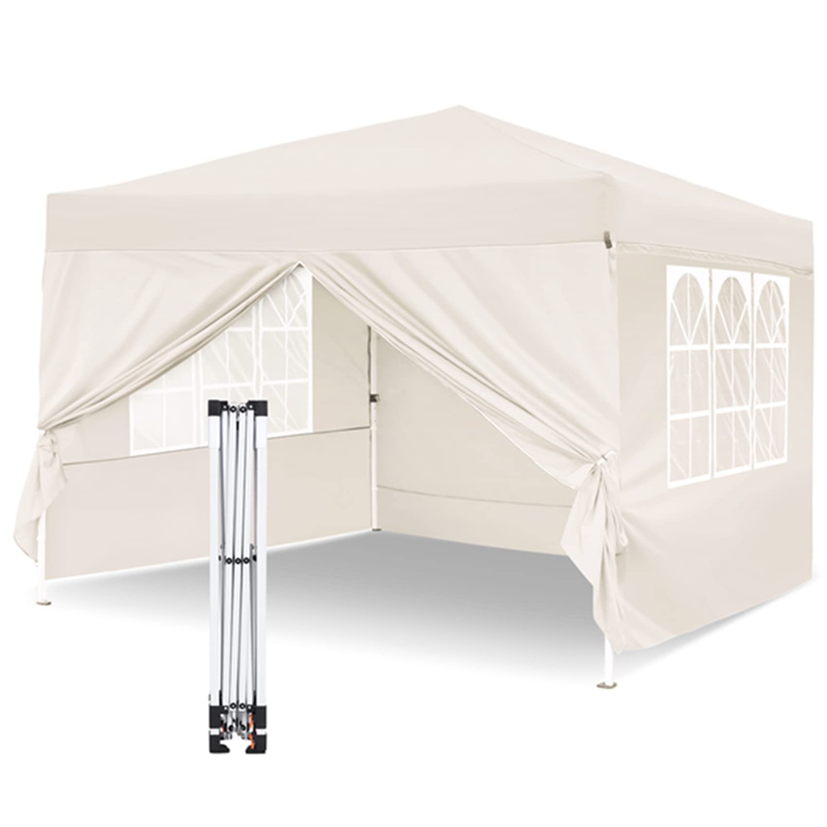 Pop Up Gazebo with Sides - 3m x3m Waterproof Garden Gazebo with 4 Sandbags, 8 Stakes, 4 Ropes and Carrybag for Party, Camping, Farmer Markets - Beige