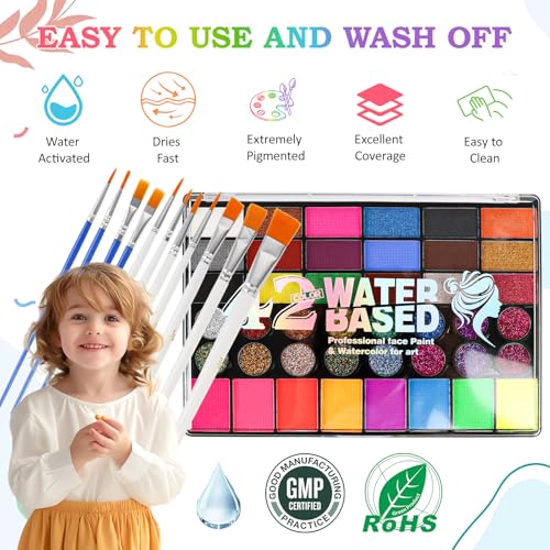 Kinderschminke Set, 42 Farben Gesichtsfarbe Kinderschminken Set, Schminke Kinder Professionelle Face Paint mit 11 Pinsel, für Karneval,Geburtstag,Urlaubs Party
