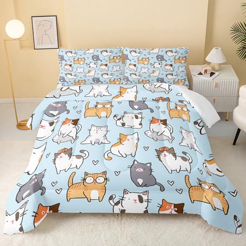 Image of QOOMO Cartoon Cat Kids Comforter Set, Cute Animals Print Bedding Set Twin Size for Room Decoration, Blue Soft Lightweight Bed Set All Season,1 Comforter Set 2 Pillowcases