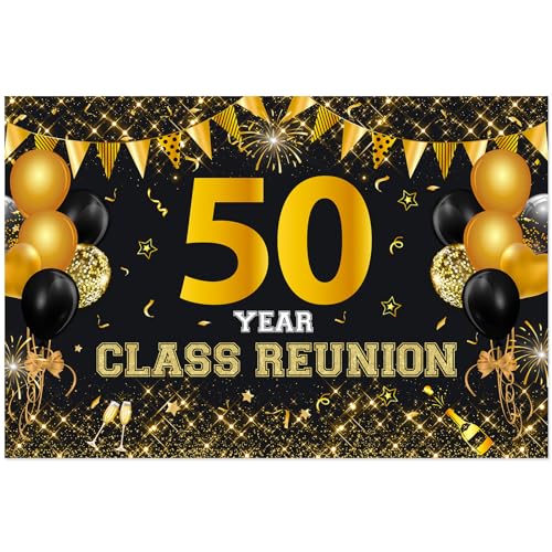 50 Year Class Reunion Backdrop - Black and Gold 50th School Class Reunion Decorations, Photography Background for Class of 1974 High School Reunion Welcome Back Party