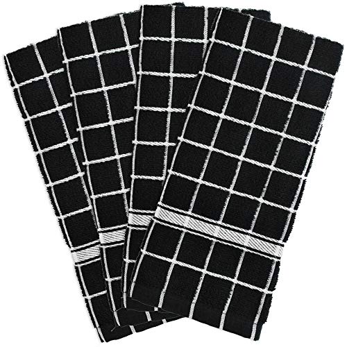 DII Cotton Terry Windowpane Dish Towels, 16 x 26" Set of 4, Machine Washable and Ultra Absorbent Kitchen Bar Towels-Black Check
