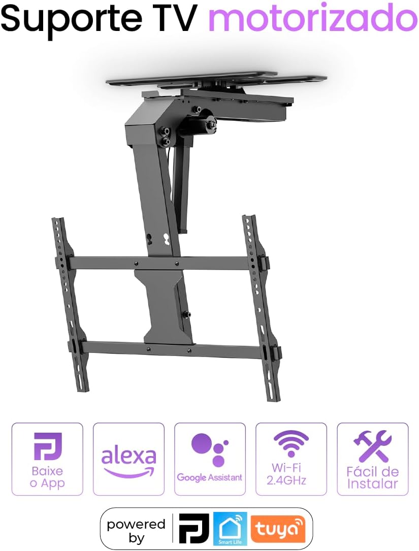 Image showing the motorized TV mount with icons for 'Download App', 'Alexa', 'Google Assistant', 'Wi-Fi 2.4GHz', and 'Easy to Install', along with 'Powered by Panda Plus, Smart Life, Tuya' logos.
