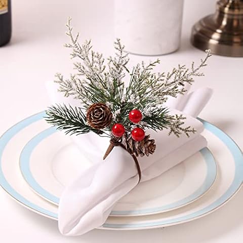 Plcnn 12 Pcs Christmas Napkin Rings, Farmhouse Berry Napkin Rings Handmade Rings Napkin Holder with Pine Needle for Christmas Dinner Table Decor Cover