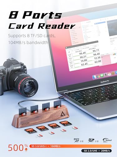 Image of 8-Port USB 3.0 SD Card Reader, Walnut Wood Design 5Gbps Data, Simultaneous Support to Micro SD /TF3.0 and SD3.0 Card Read and Write (Compatible UHS-I /II Card)-AST43M