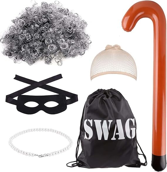 EduPlayte 6Pcs Thief Granny Costume Set, Old Lady Wig Costume Set Include Grey Wig Hairnet Bag Eyemask Necklace and Inflatable Cane for kids World Book Day Dress Up