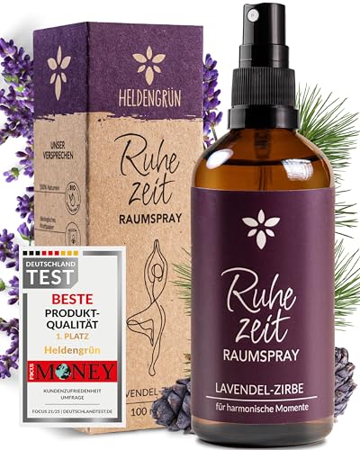Heldengrün® Kissenspray zum Einschlafen 'Ruhezeit' [ECHTE BIO-ÖLE] Dermatologisch getestet - Kopfkissenspray mit Bio-Lavendel & Zirbe - Schlafwohl Kissenpray