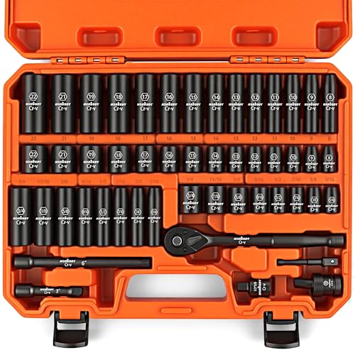 HORUSDY 3/8' Drive Impact Socket Set, 50-Piece Standard SAE (5/16 to 3/4 inch) and Metric (8-22mm) Size, 6 Point, Cr-V, 3/8-Inch Drive Ratchet Handle, Drive Extension Bar, Impact Universal Joint