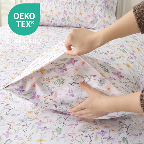 Image of MUXHOMO Full Size 4 Piece Sheet Set, Soft & Breathable Sheet Set for Bedroom with Deep Pocket Up to 16 inch, Wrinkle-Free & Cooling Bed Sheet with Flat Sheet, Fitted Sheet & Pillowcases - Flower Scroll