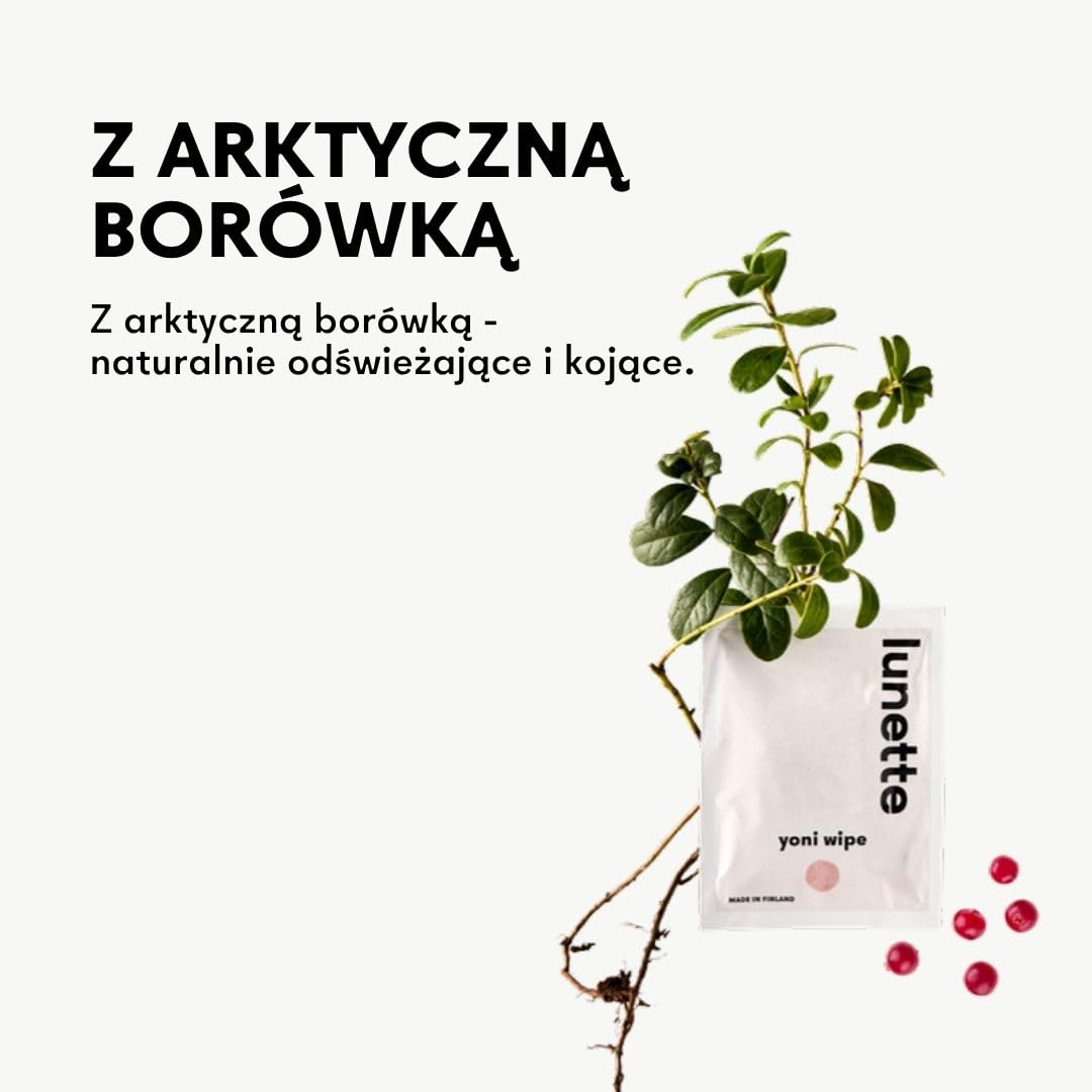 Lunette Yoni Wipes - Chusteczki Intymne – pH‑Zrównoważone – dla Skóry Wrażliwej – Bezzapachowe – Wegańskie i Kompostowalne – Pakowane Pojedynczo – Wyprodukowane w Finlandii (20 szt.)