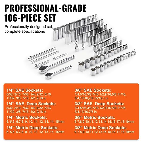 Image of VEVOR Socket Set, 1 /4 inch and 3 /8 inch Drive Socket and Ratchet Set, 6-Point Socket Opening, 106 Pcs Tool Set SAE and Metric, Deep and Standard Sockets, 5 /32-1 in, 5-19 mm, with Accessories, Storage Case