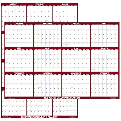 24" x 36" SwiftGlimpse 2025 Wall Calendar Erasable Large Wet & Dry Erase Laminated 12 Month Annual Yearly Wall Planner, Reversible, Horizontal/Vertical, Maroon Cover
