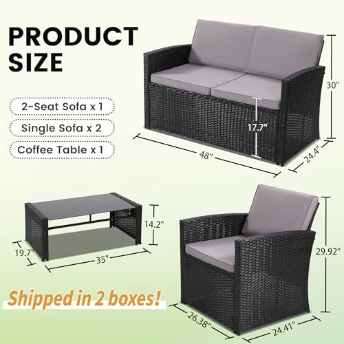 Image of KROFEM 4 Piece Patio Furniture Set, Outdoor Wicker Conversation Set | Washable Cushions, 2 Armchairs + Loveseat Sofa + Coffee Table, Hand Woven UV Treated Wicker, Rustproof Steel Frame, Grey
