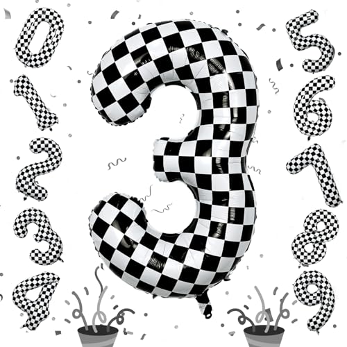 Image of 3rd Birthday Number Balloons for Boys, 40 Inch Checkered Racing Foil 3 Balloons, Self Inflating Helium Black and White Big Number 3 Balloon for Kids Birthday Race Car Flag Party Decoration Supplies