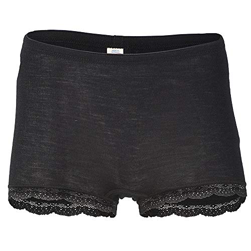 Women’s Thermal Underwear: Moisture Wicking Merino Wool Silk Boy Shorts with Lace (EU 34-36 / Extra Small, Black)