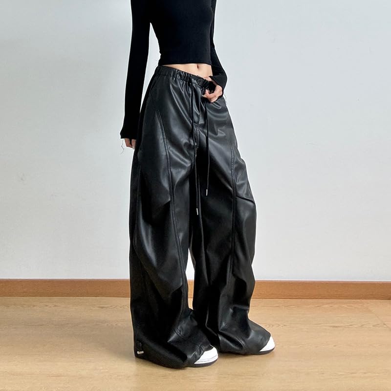 Obenie Women's high Waisted Elastic Wide Leg Pants, Retro Black Floor Length PU Leather Pants, Y2K Pants3